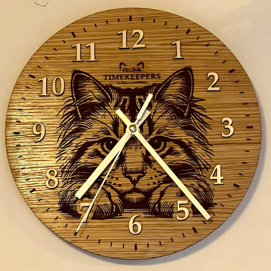 Dřevěné hodiny Sibiřská kočka – Feline Timekeepers (horizontální kresba)