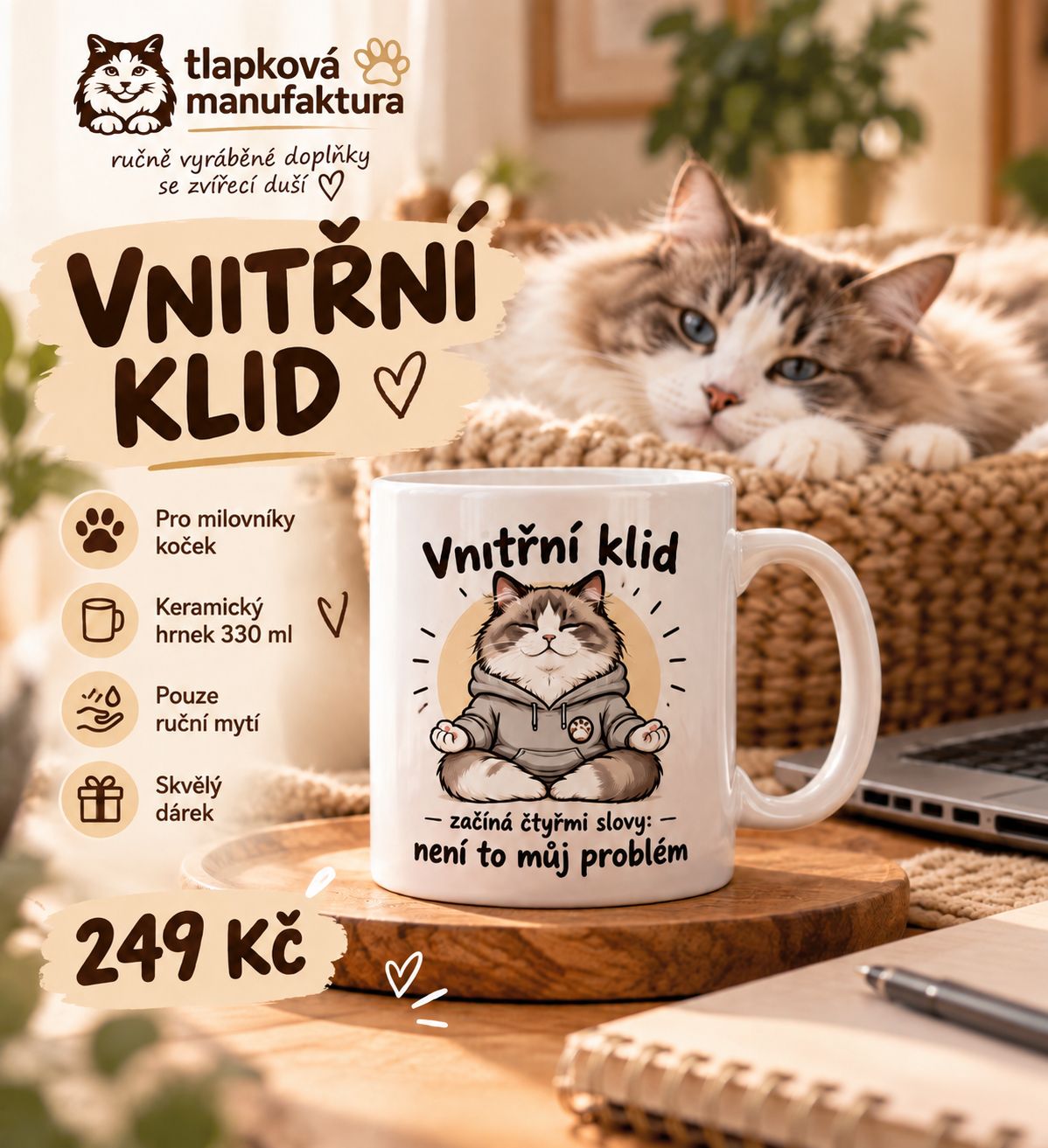 Reklamní vizuál pro hrnek Vnitřní klid s meditující kočkou, keramický hrnek 330 ml pro milovníky koček a humoru.