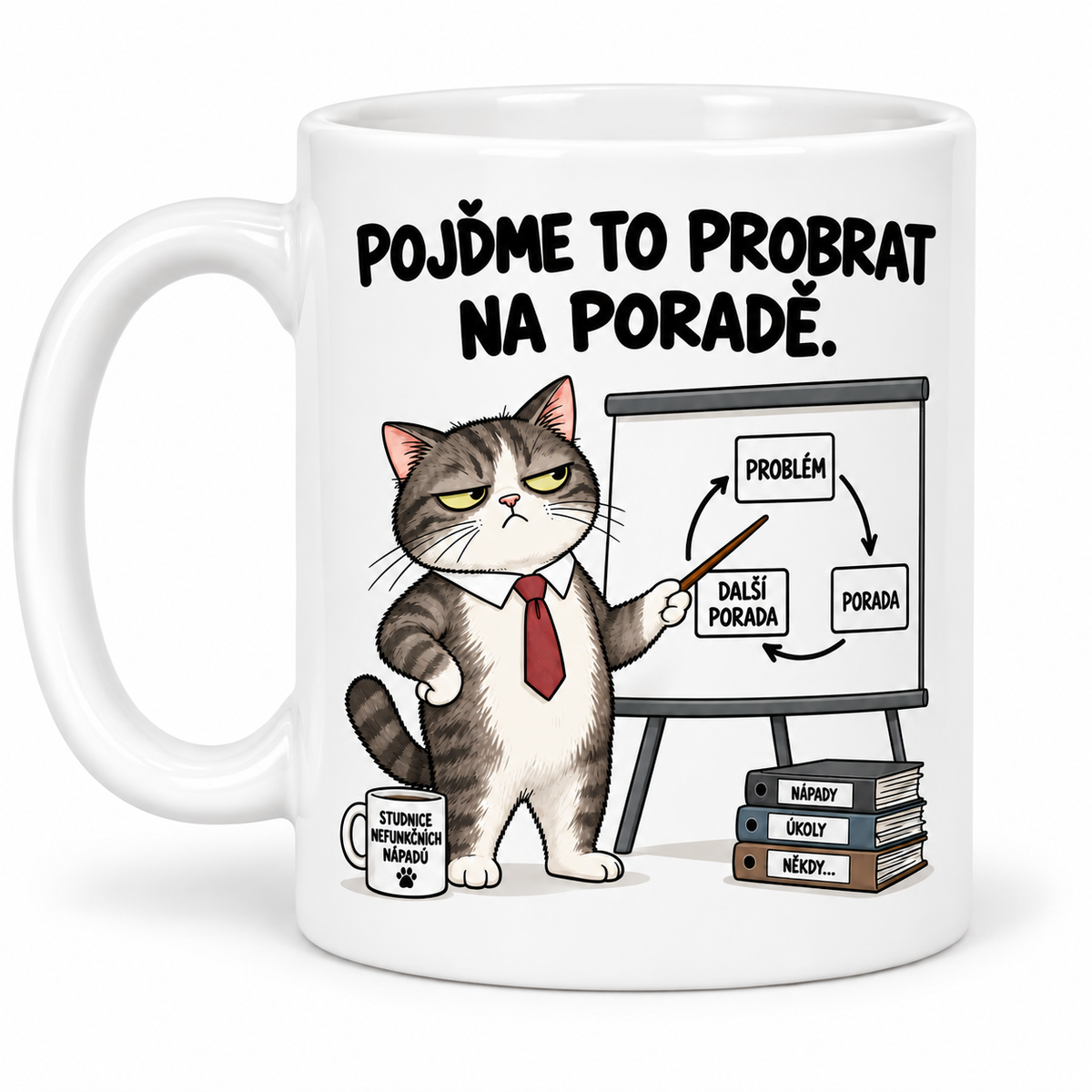 Bílý keramický hrnek s kočkou a nápisem Pojďme to probrat na poradě – motiv vpravo
