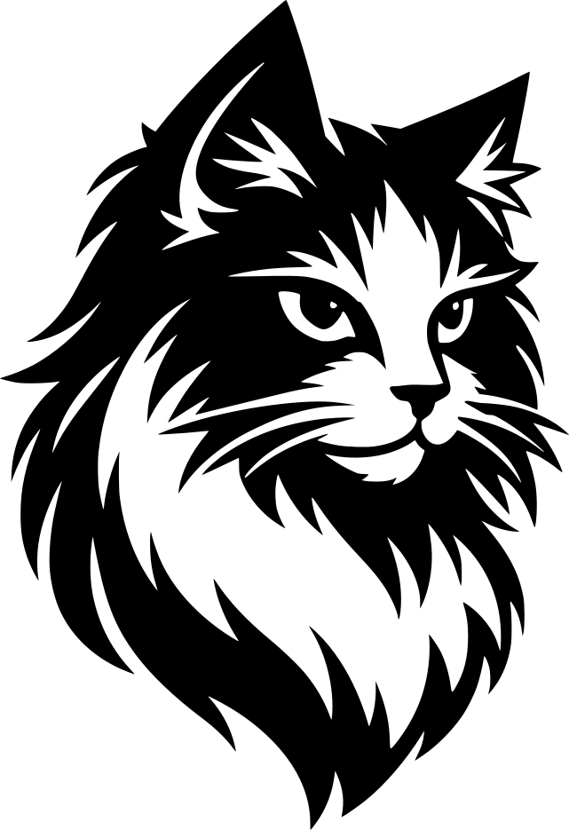 Černobílá stylizovaná ilustrace hlavy ragdoll kočky v moderním grafickém stylu s ostrými liniemi, součást série Stylizované kočky.