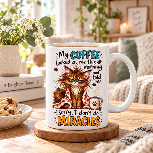 Rendering of white ceramic mug with cartoon tired somali cat saying "Coffee alone can't do miracles" on wooden table.