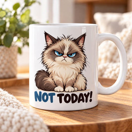 Rendering of white ceramic mug with cartoon grumpy ragdoll cat saying "Not today!" on wooden table.
