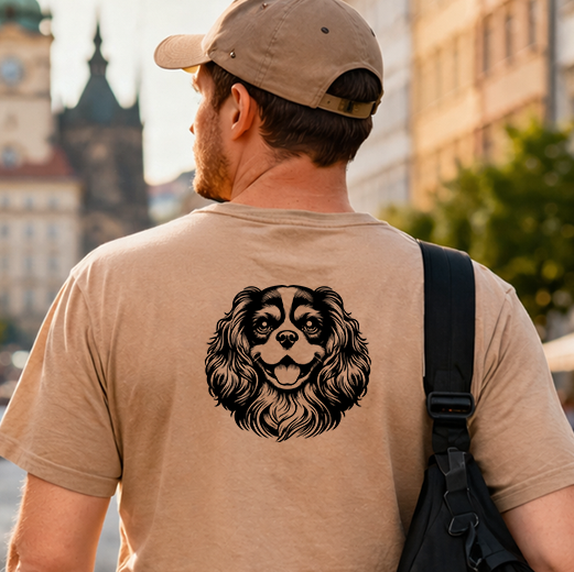 Černá grafická nažehlovačka s hlavou psa Cavalier King Charles španěl aplikovaná na zadní straně pískového trička.