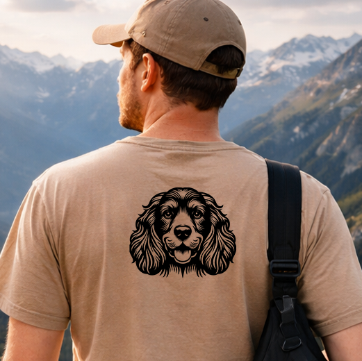 Černá grafická nažehlovačka s hlavou psa Kokršpaněl aplikovaná na zadní straně pískového trička.