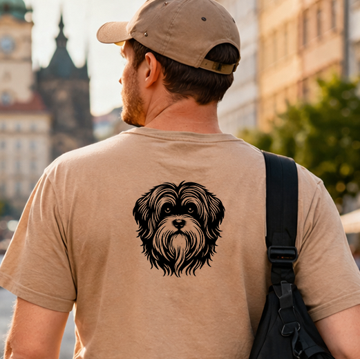 Černá grafická nažehlovačka s hlavou psa Lvíček aplikovaná na zadní straně pískového trička.