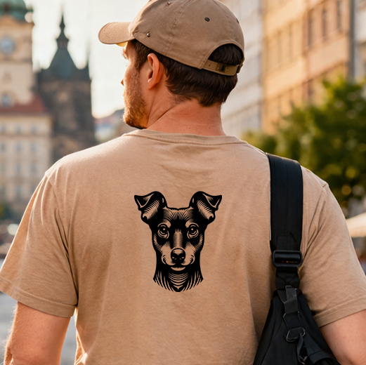 Černá grafická nažehlovačka s hlavou psa Trpasličí pinč aplikovaná na zadní straně pískového trička.
