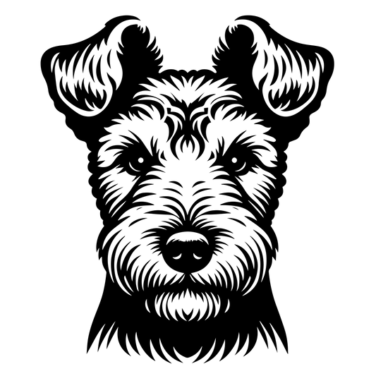 Černá grafická samolepka / nažehlovačka s hlavou psa lakeland teriér, stylizovaná line-art.
