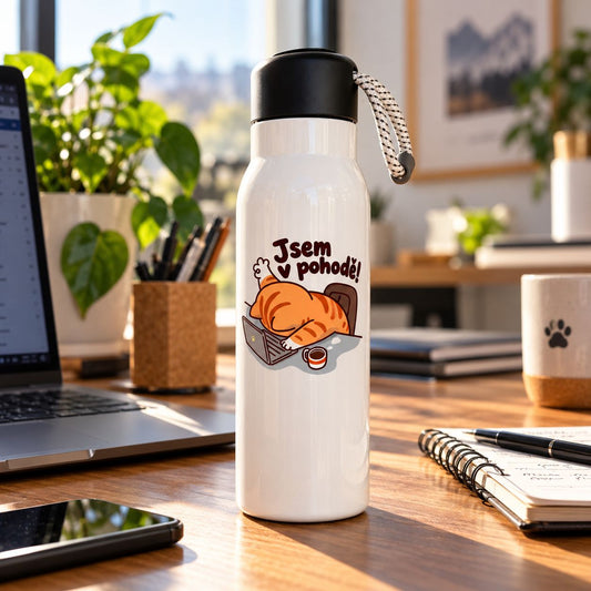 Bílá termolahev s motivem na přání na kancelářském stole. Objem 500ml.
