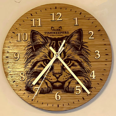 Dřevěné hodiny Sibiřská kočka – Feline Timekeepers (horizontální kresba)