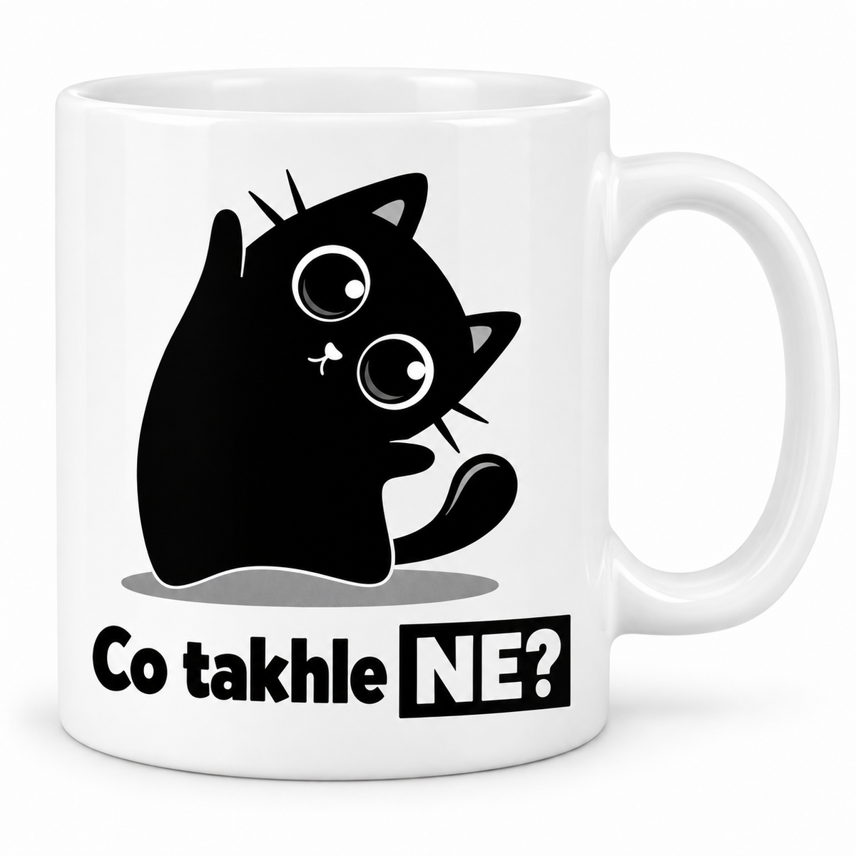 Bílý keramický hrnek s roztomilou černou kočkou s velkýma očima a vtipným nápisem Co takhle NE?