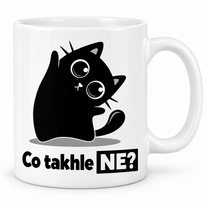 Bílý keramický hrnek s roztomilou černou kočkou s velkýma očima a vtipným nápisem Co takhle NE?