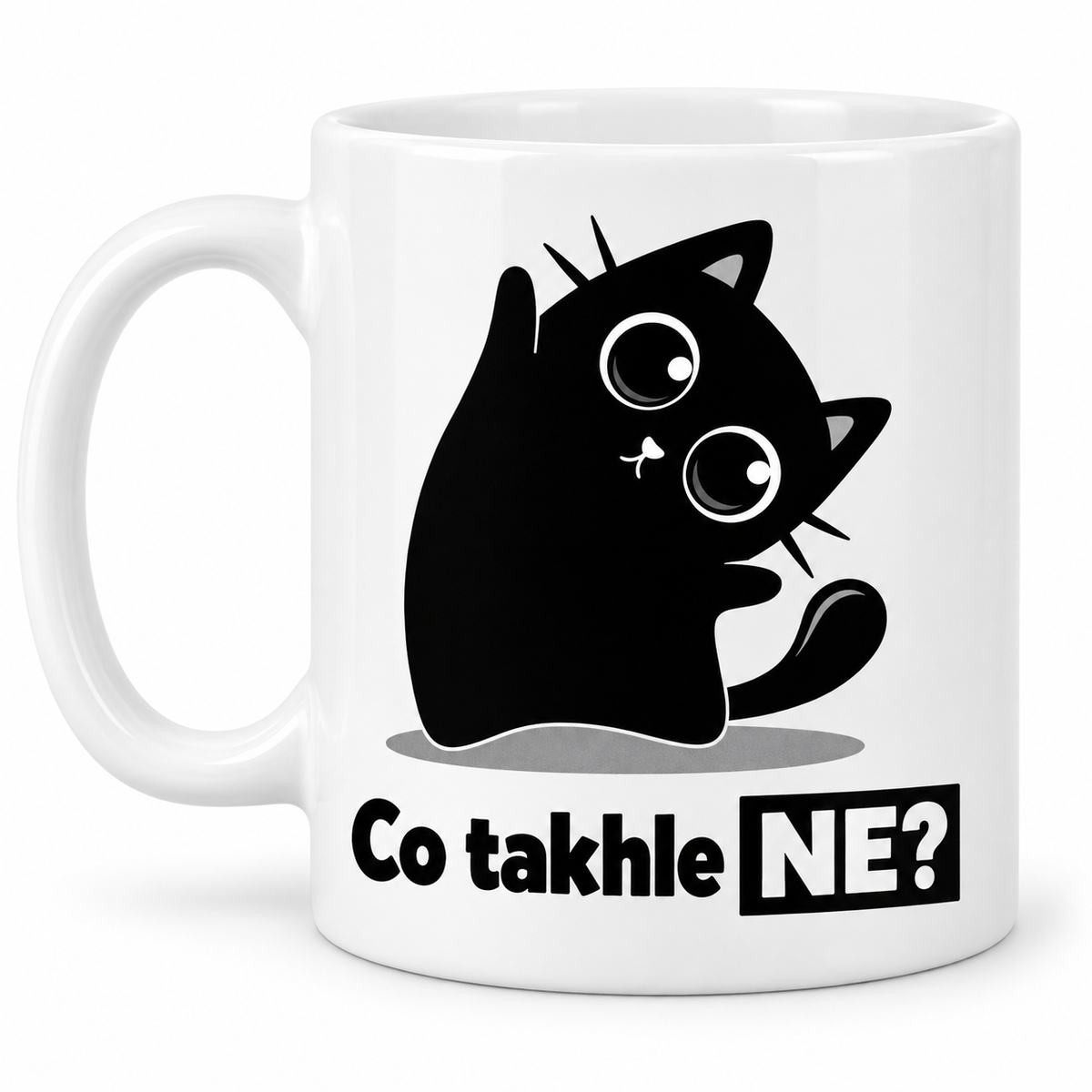 Bílý keramický hrnek s roztomilou černou kočkou s velkýma očima a vtipným nápisem Co takhle NE?