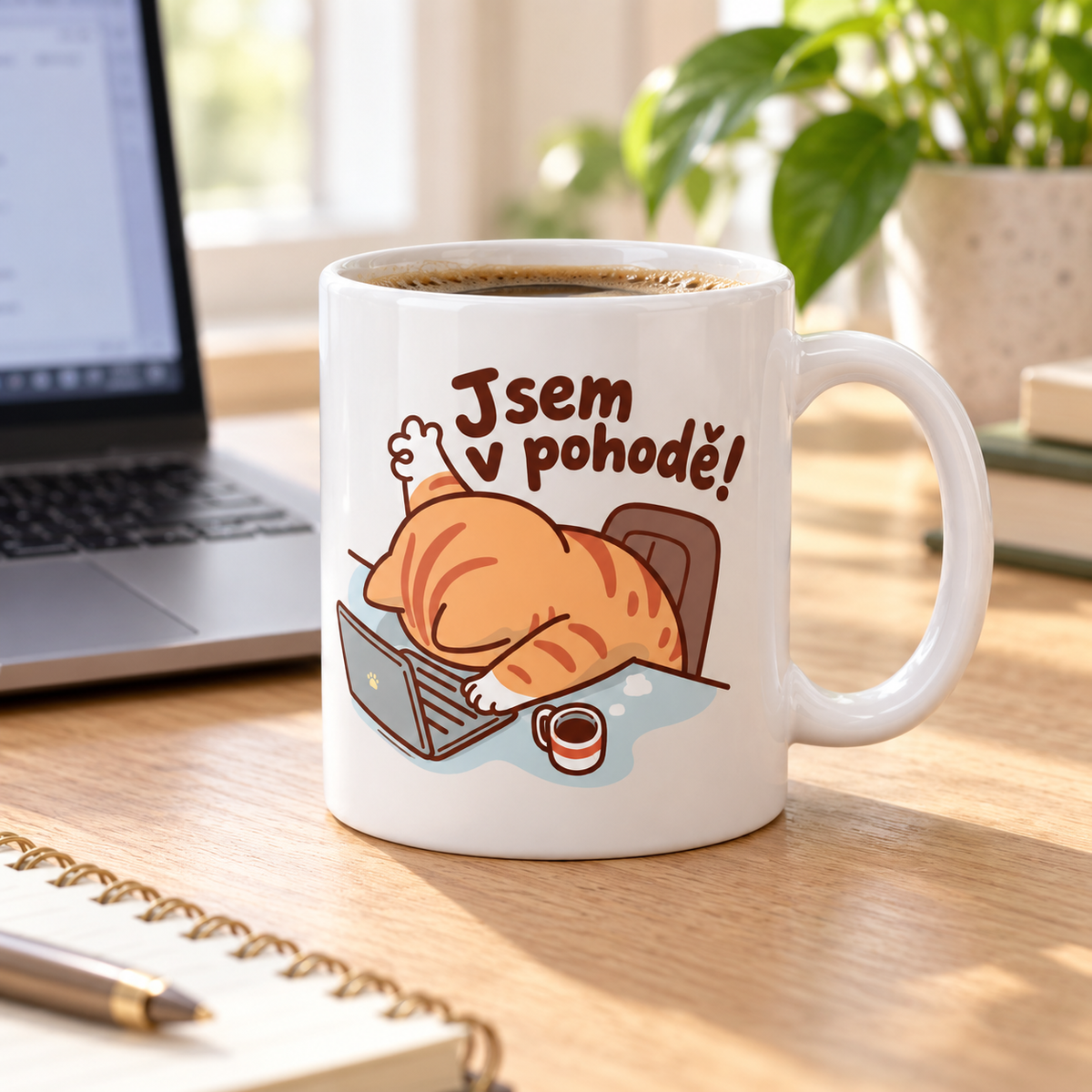 Lifestylová fotografie bílý keramický hrnek s oranžovou kočkou odpočívající u notebooku, šálkem kávy a vtipným nápisem Jsem v pohodě!