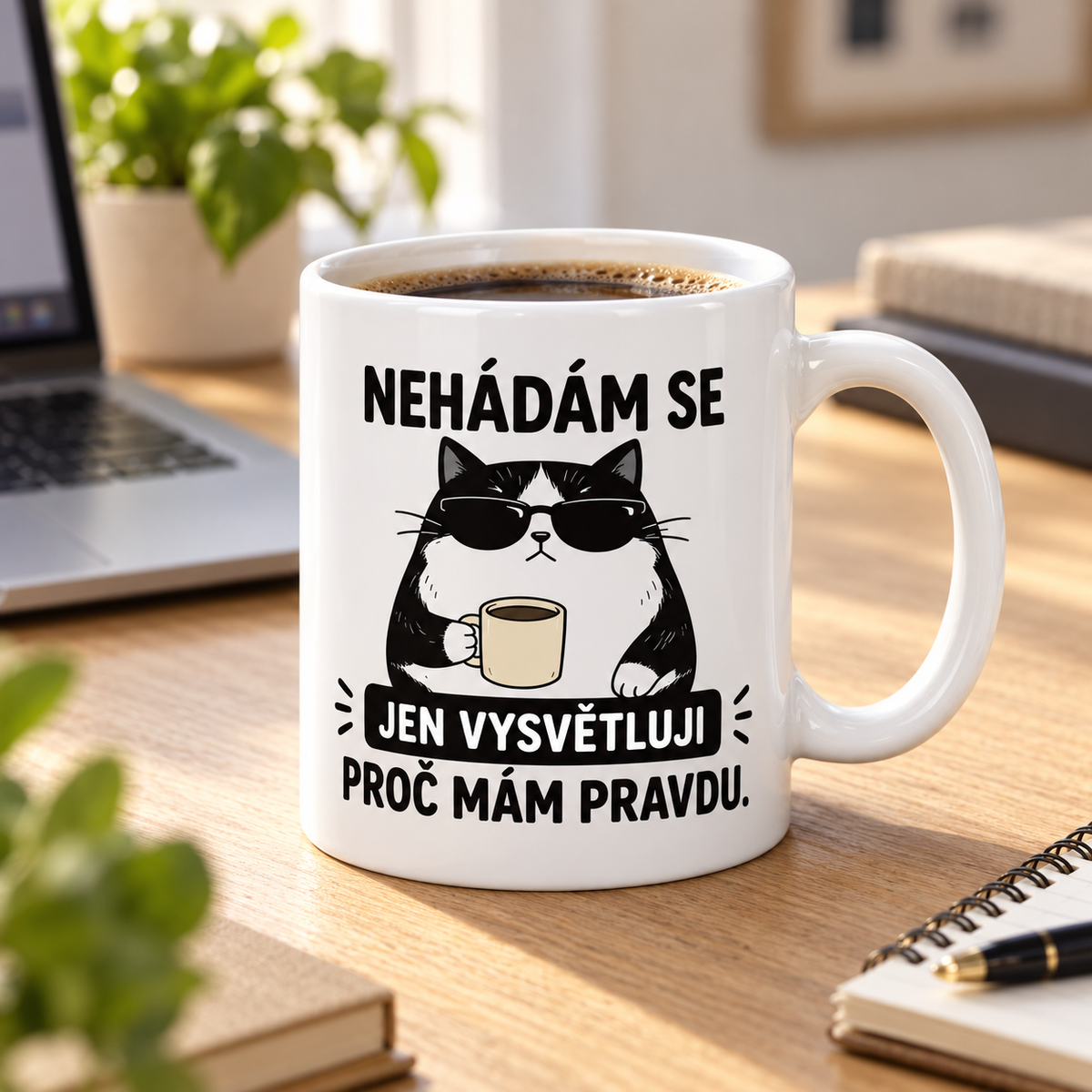 Lifestylová fotografie bílý keramický hrnek s černobílou kočkou v slunečních brýlích, šálkem kávy a vtipným nápisem Nehádám se, jen vysvětluji, proč mám pravdu.