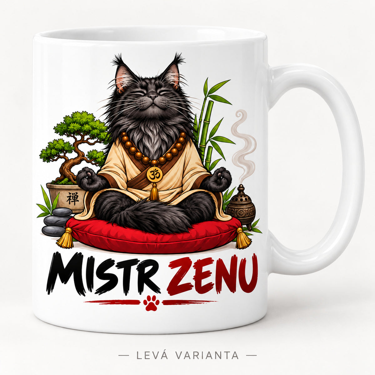 Keramický hrnek 330 ml Mistr ZENU s meditujícím černým mainským kocourem – levá varianta motivu.