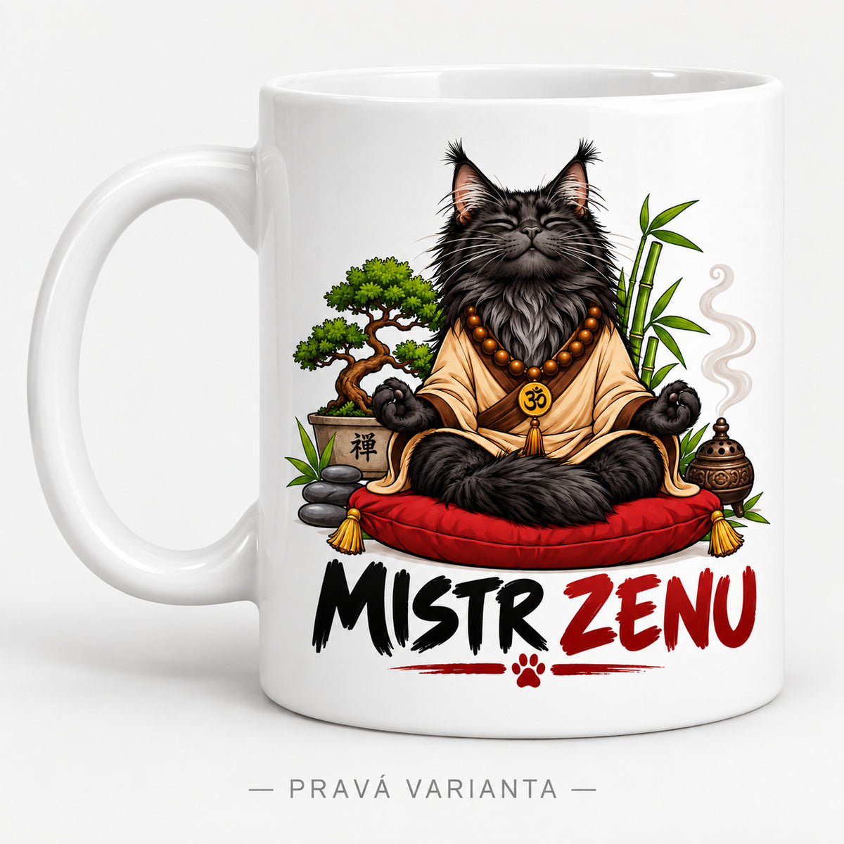 Keramický hrnek 330 ml Mistr ZENU s meditujícím černým mainským kocourem – pravá varianta motivu.
