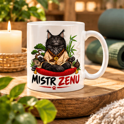 Keramický hrnek Mistr ZENU s černým mainským kocourem v příjemném zenovém interiéru.