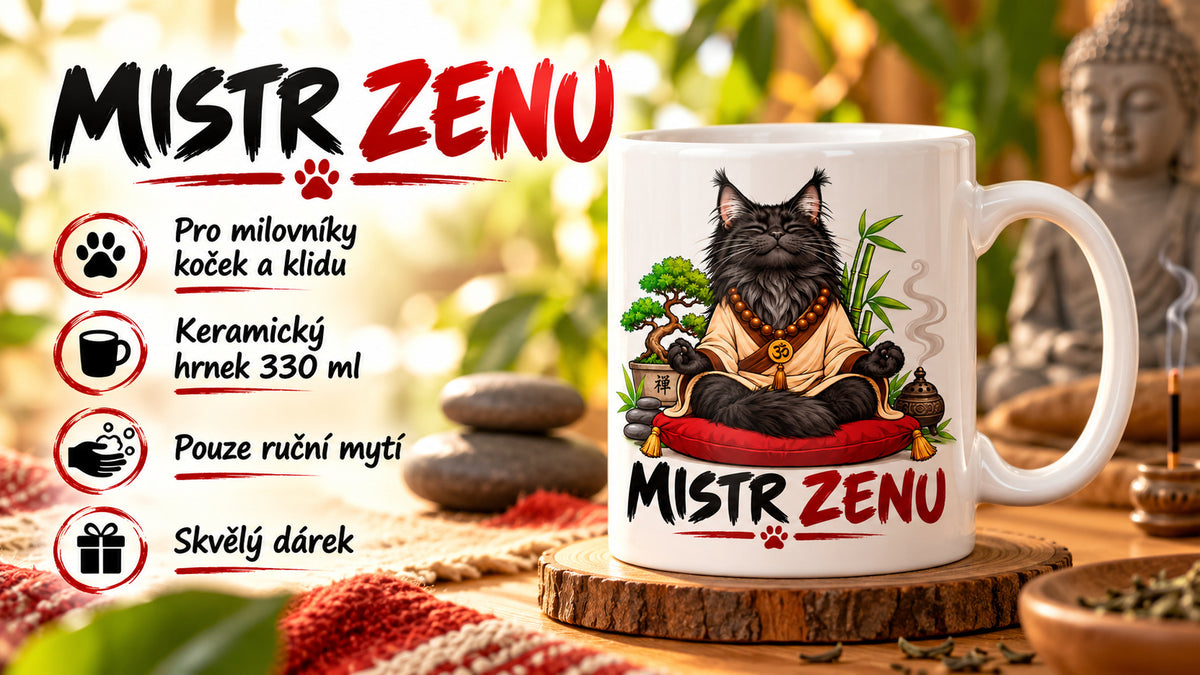Reklamní vizuál keramického hrnku Mistr ZENU 330 ml s meditujícím černým mainským kocourem.