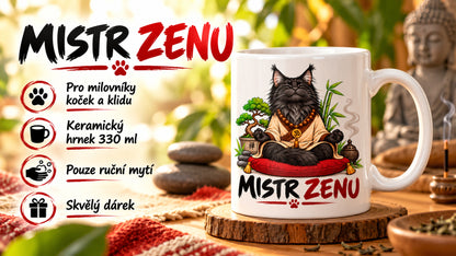 Reklamní vizuál keramického hrnku Mistr ZENU 330 ml s meditujícím černým mainským kocourem.
