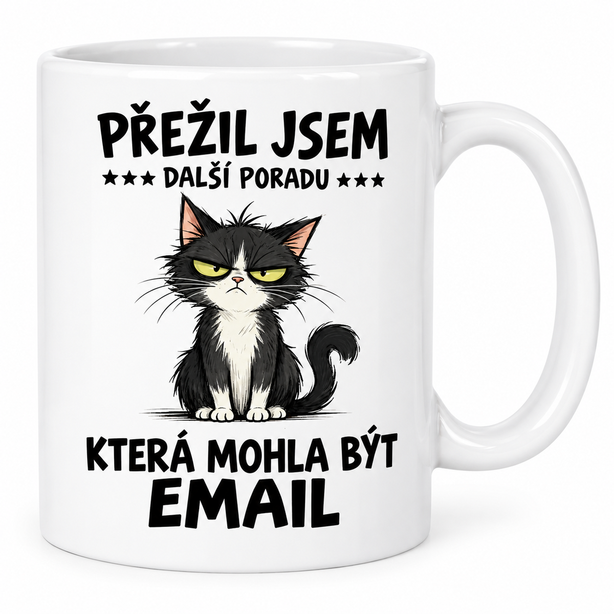 Bílý keramický hrnek s kočkou a nápisem Přežil jsem další poradu, která mohla být email – motiv vlevo