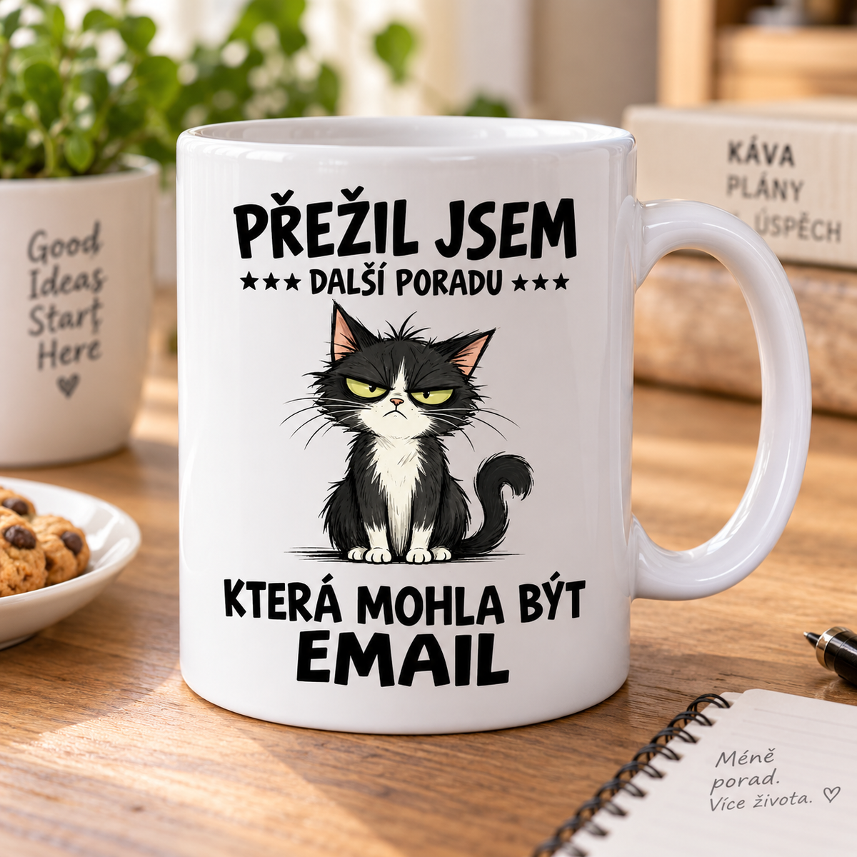 Keramický hrnek s kočkou Přežil jsem další poradu, která mohla být email na pracovním stole s notebookem