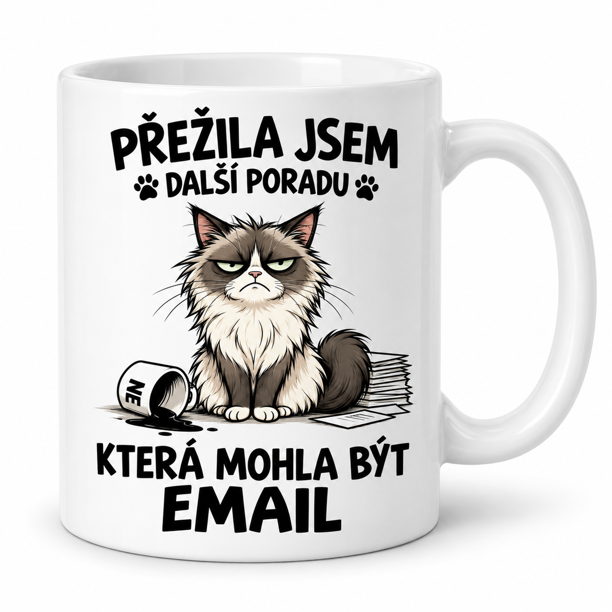 Bílý keramický hrnek s kočkou a nápisem Přežila jsem další poradu, která mohla být email – motiv vlevo
