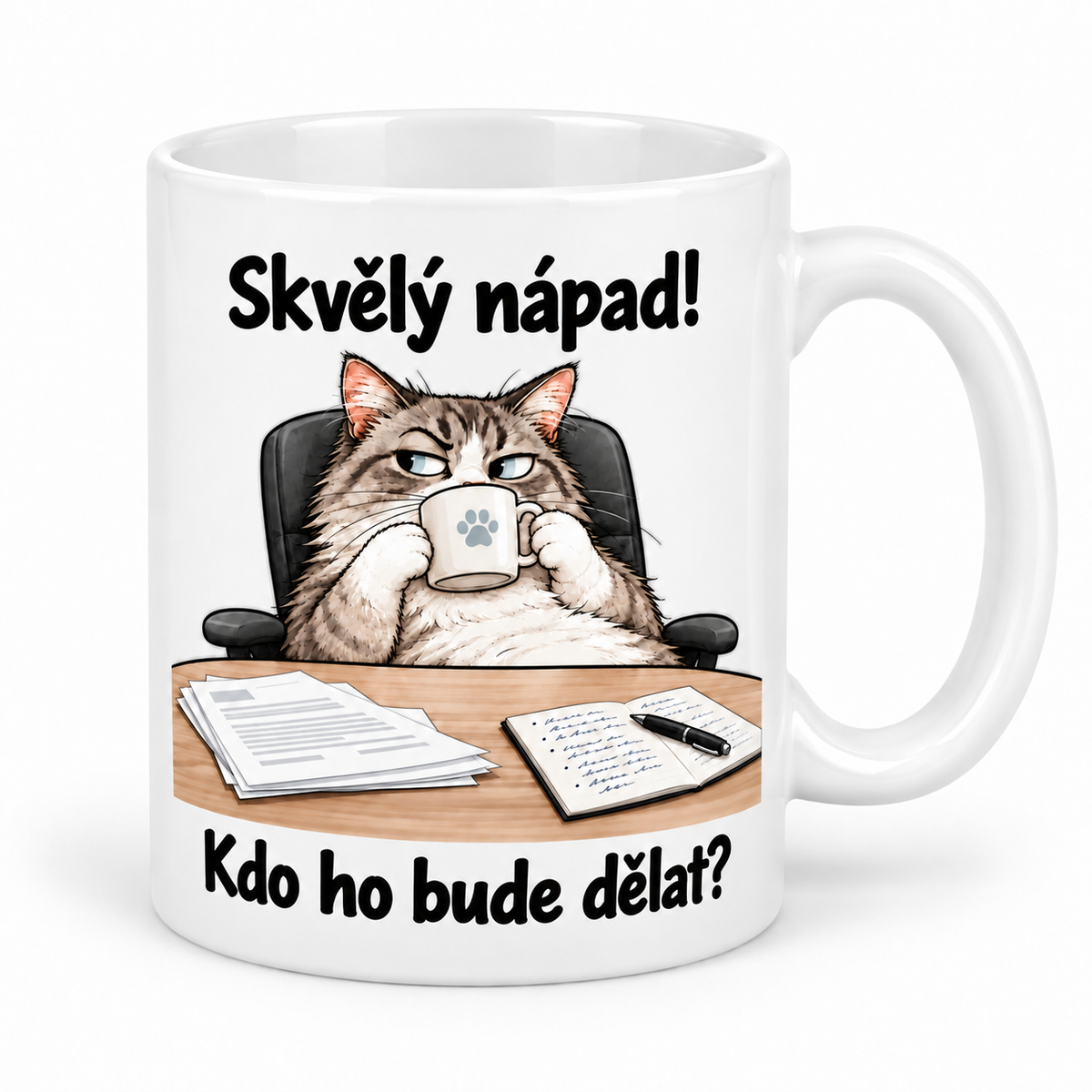 Bílý keramický hrnek s podezřívavou kočkou a nápisem „Skvělý nápad! Kdo ho bude dělat?“, motiv vlevo.