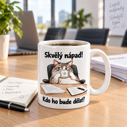 Hrnek s kočkou a nápisem „Skvělý nápad! Kdo ho bude dělat?“ na kancelářském stole vedle zápisníku a dokumentů.