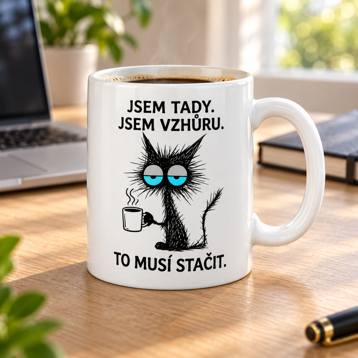 Lifestylová fotografie bílý keramický hrnek s unavenou černou kočkou, hrnkem kávy a vtipným nápisem Jsem tady. Jsem vzhůru. To musí stačit.