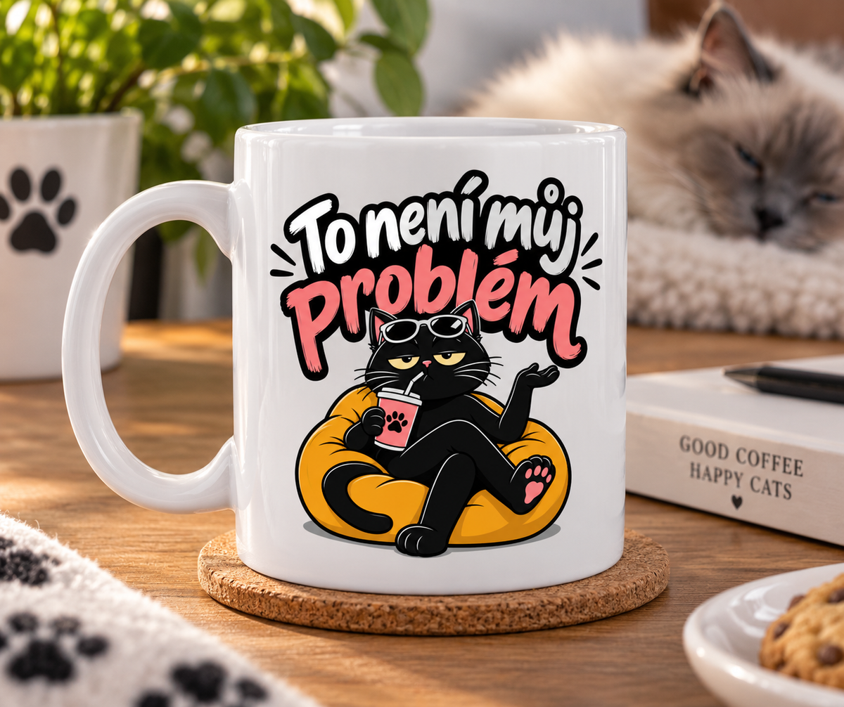 Lifestylová fotografie bílý hrnek s motivem černé kočky a nápisem To není můj problém – lifestyle produktová fotografie.
