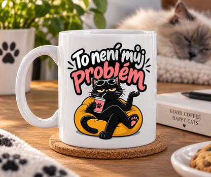 Lifestylová fotografie bílý hrnek s motivem černé kočky a nápisem To není můj problém – lifestyle produktová fotografie.