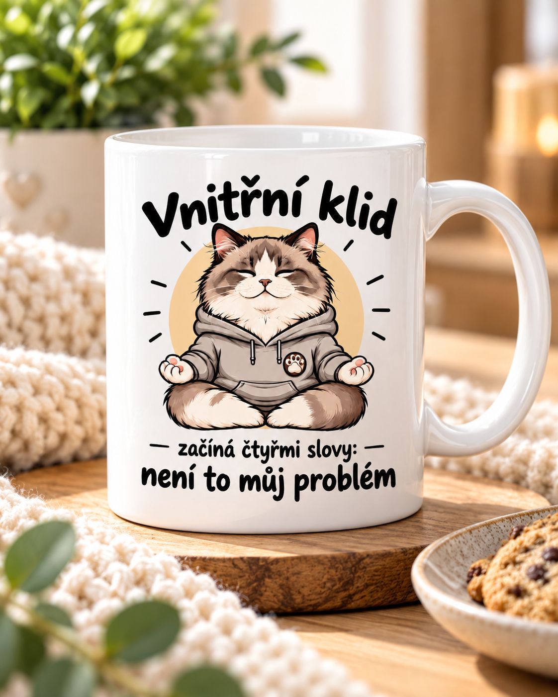 Bílý hrnek s meditujícím ragdollem v útulném světlém interiéru, motiv Vnitřní klid.