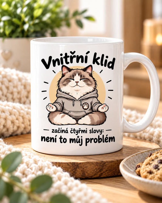 Bílý hrnek s meditujícím ragdollem v útulném světlém interiéru, motiv Vnitřní klid.