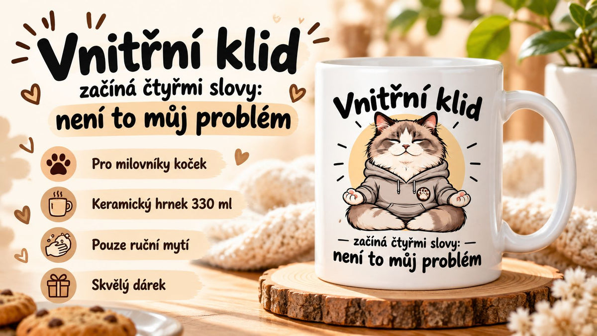 Reklamní vizuál pro hrnek Vnitřní klid s meditující kočkou, keramický hrnek 330 ml pro milovníky koček a humoru.