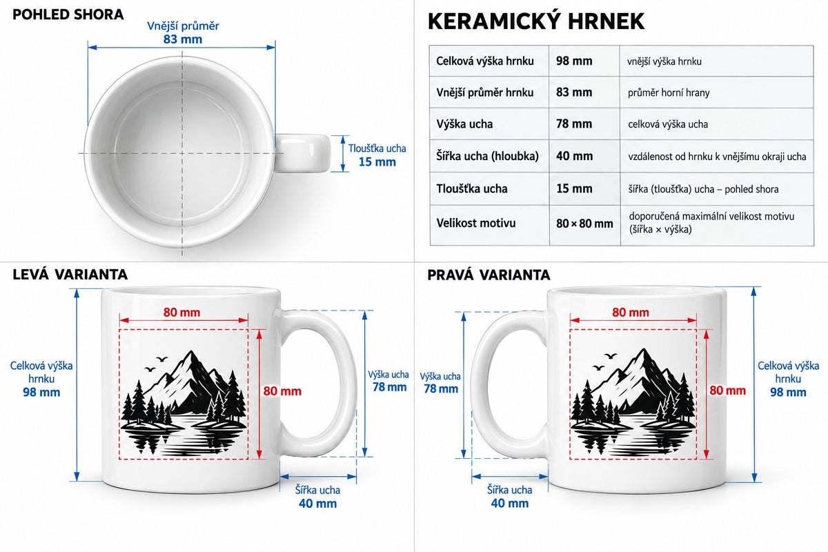 technické parametry potisku na keramický hrnek o objemu 330ml.
