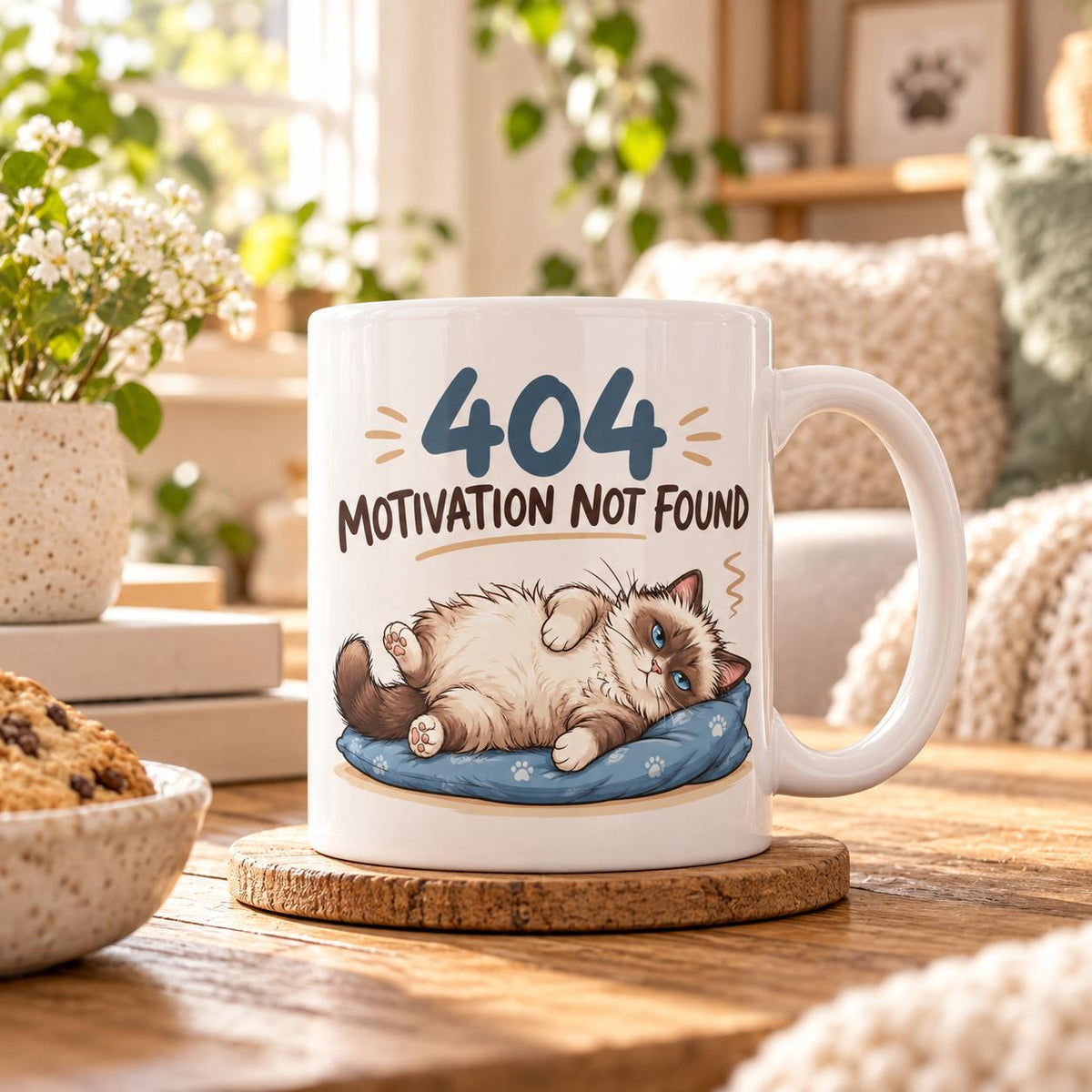 Rendering of white ceramic mug with cartoon tired ragdoll cat saying "404 motivation not found" on wooden table. 