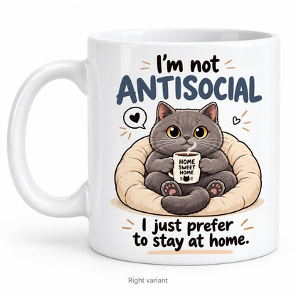 Rendering of white ceramic mug with cartoon happy british cat saying "I'm not antisocial ..." on white background. Print on left side view.