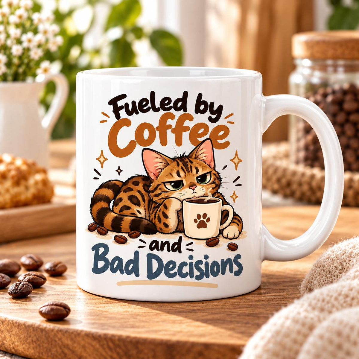 Rendering of white ceramic mug with cartoon contemplating bengal cat saying "Fueled by coffee and bad decisions" on wooden table. 