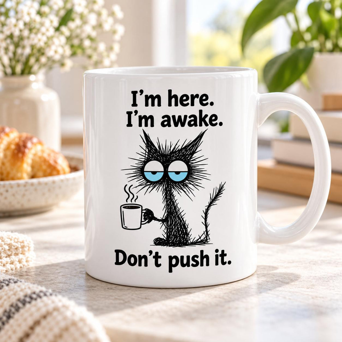 Rendering of white ceramic mug with cartoon tired black cat saying "I'm here. I'm awake. Don't push it." on wooden table. 