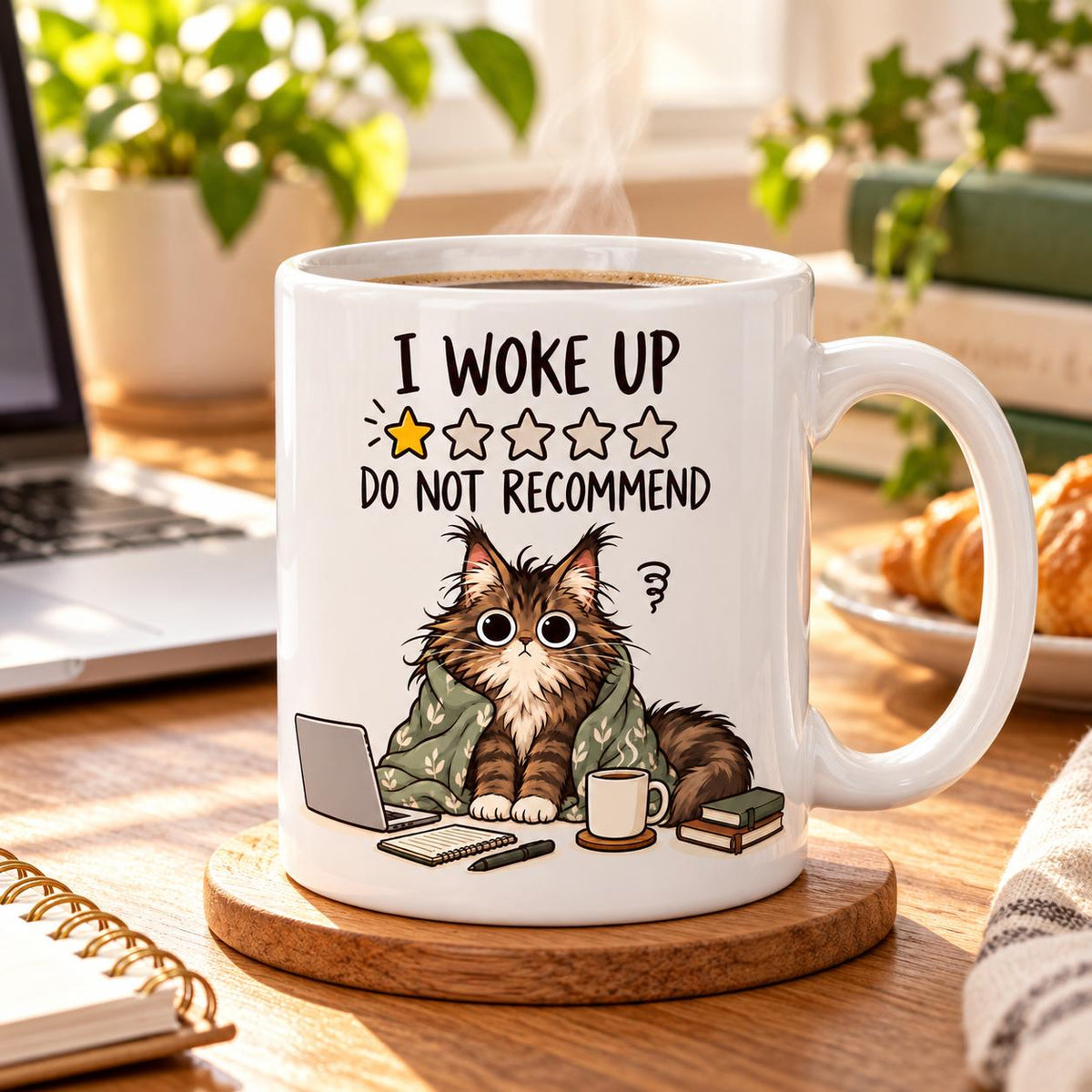 Rendering of white ceramic mug with cartoon tired maincoon cat saying "I woke Up. Do not recommend" on wooden table. 