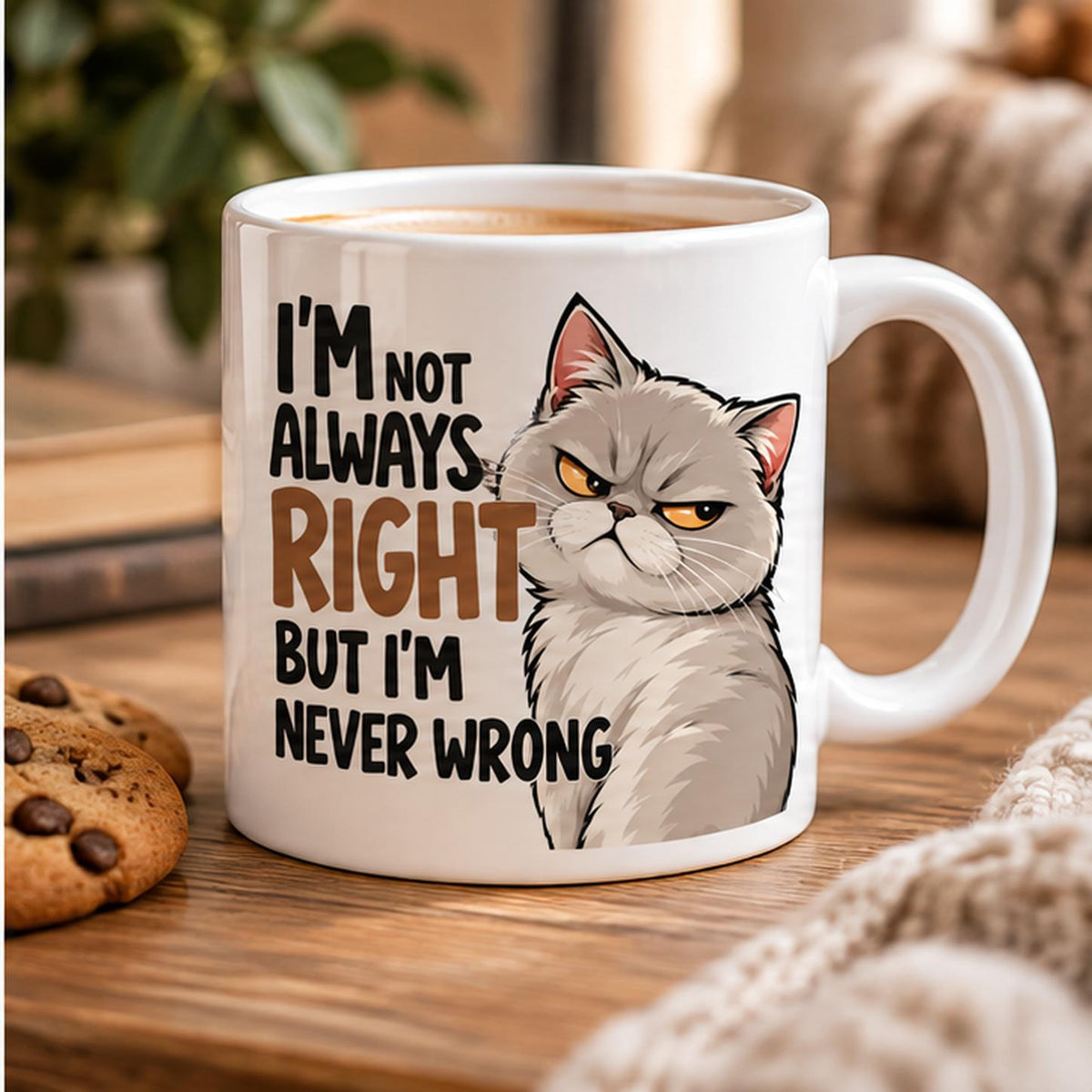 Rendering of white ceramic mug with cartoon smirking british cat saying "I'm not always right, but I'm never wrong" on wooden table. 
