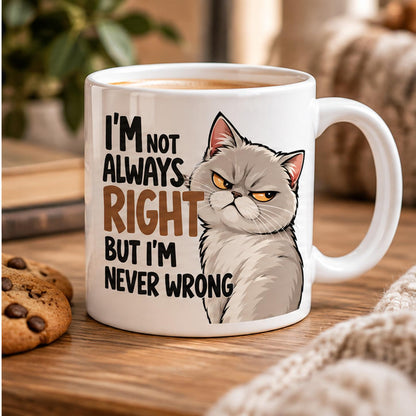 Rendering of white ceramic mug with cartoon smirking british cat saying "I'm not always right, but I'm never wrong" on wooden table. 
