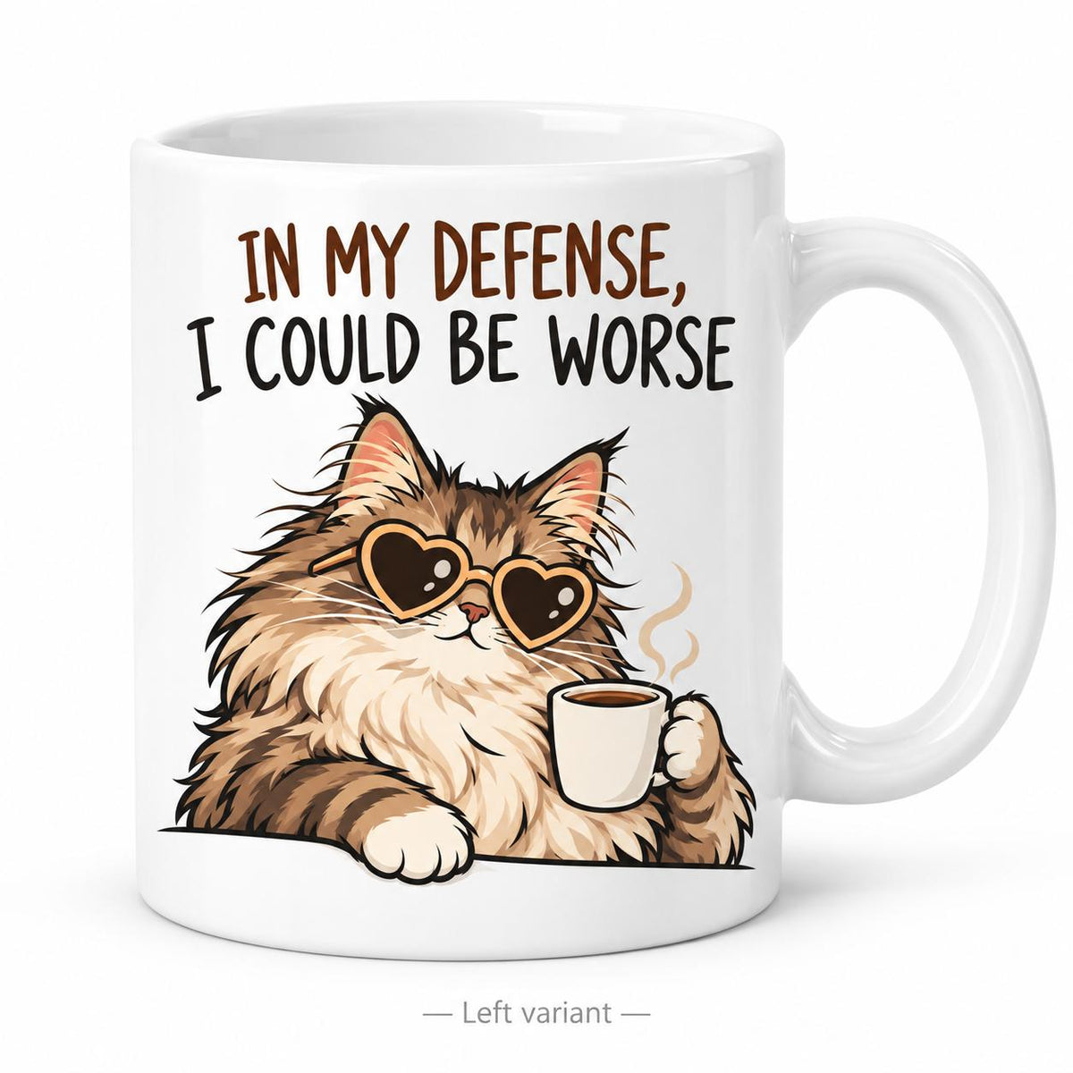 Rendering of white ceramic mug with cartoon content maincoon cat saying "In my defence, I could by worse" on white background. Print on left side view.