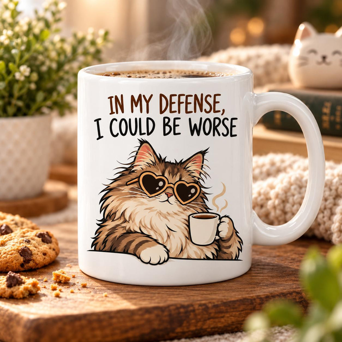 Rendering of white ceramic mug with cartoon content maincoon cat saying "In my defence, I could by worse" on wooden table. 