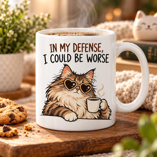 Rendering of white ceramic mug with cartoon content maincoon cat saying "In my defence, I could by worse" on wooden table. 