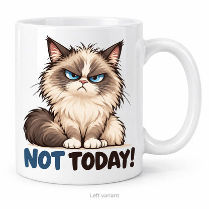 Rendering of white ceramic mug with cartoon grumpy ragdoll cat saying "Not today!" on white background. Print on left side view.