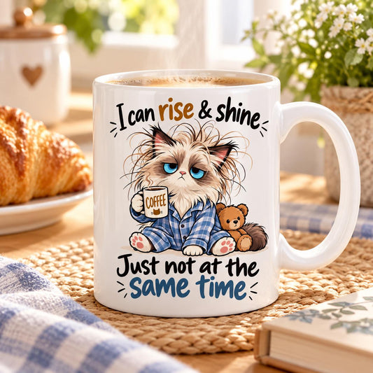 Rendering of white ceramic mug with cartoon sleepy ragdoll cat saying "I can rise & shine. Just not at the same time" on wooden table.