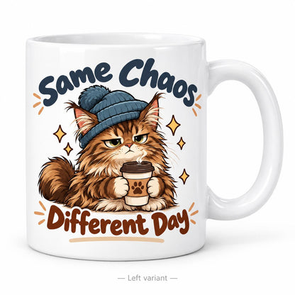 Rendering of white ceramic mug with cartoon sad and tired siberian cat saying "Same chaos, different day" on white background. Print on left side view.