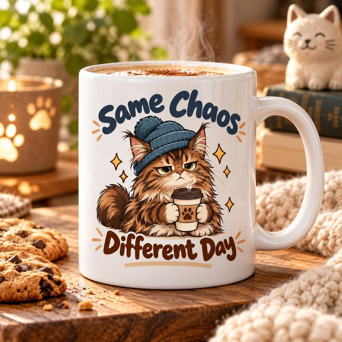 Rendering of white ceramic mug with cartoon sad and tired siberian cat saying "Same chaos, different day" on wooden table.