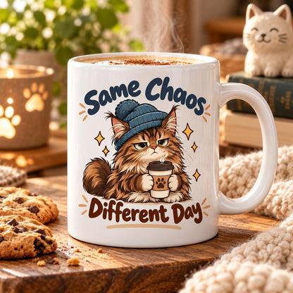 Rendering of white ceramic mug with cartoon sad and tired siberian cat saying "Same chaos, different day" on wooden table.